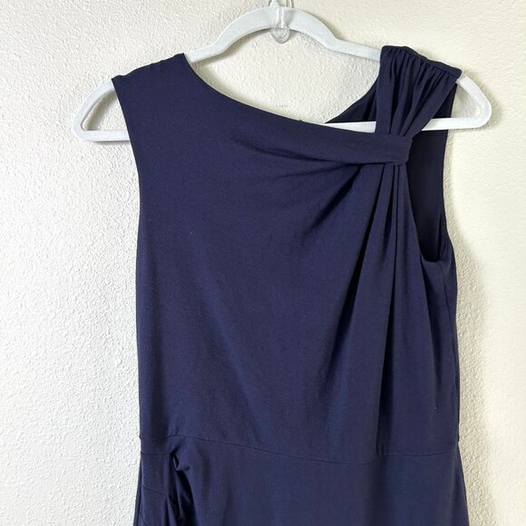 Ann Taylor Sheath Dress Size 2 Navy Sleeveless Ruched Asymmetrical Neck Stretch - Picture 2 of 12
